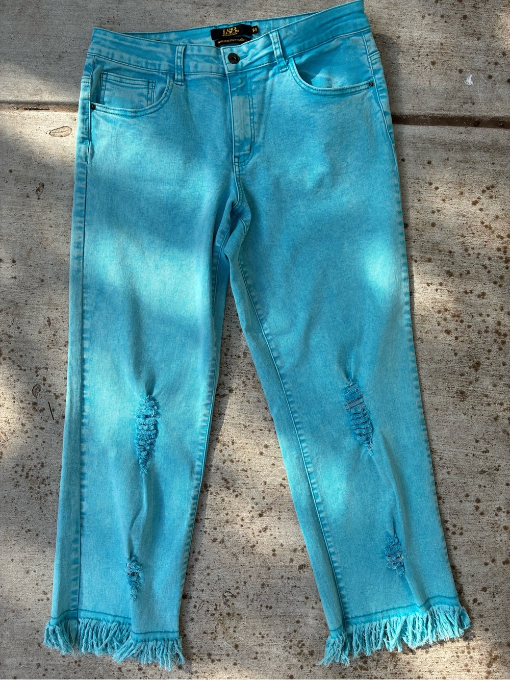 Lucky & Blessed Aqua Blue Cropped Frayed-Hem Jeans Women’s Size 14